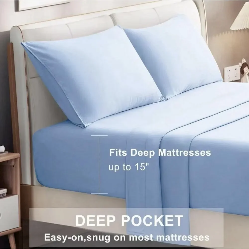 Queen Size 4 Piece Sheet Set Cooling Bed Sheets Deep Pockets Light Blue